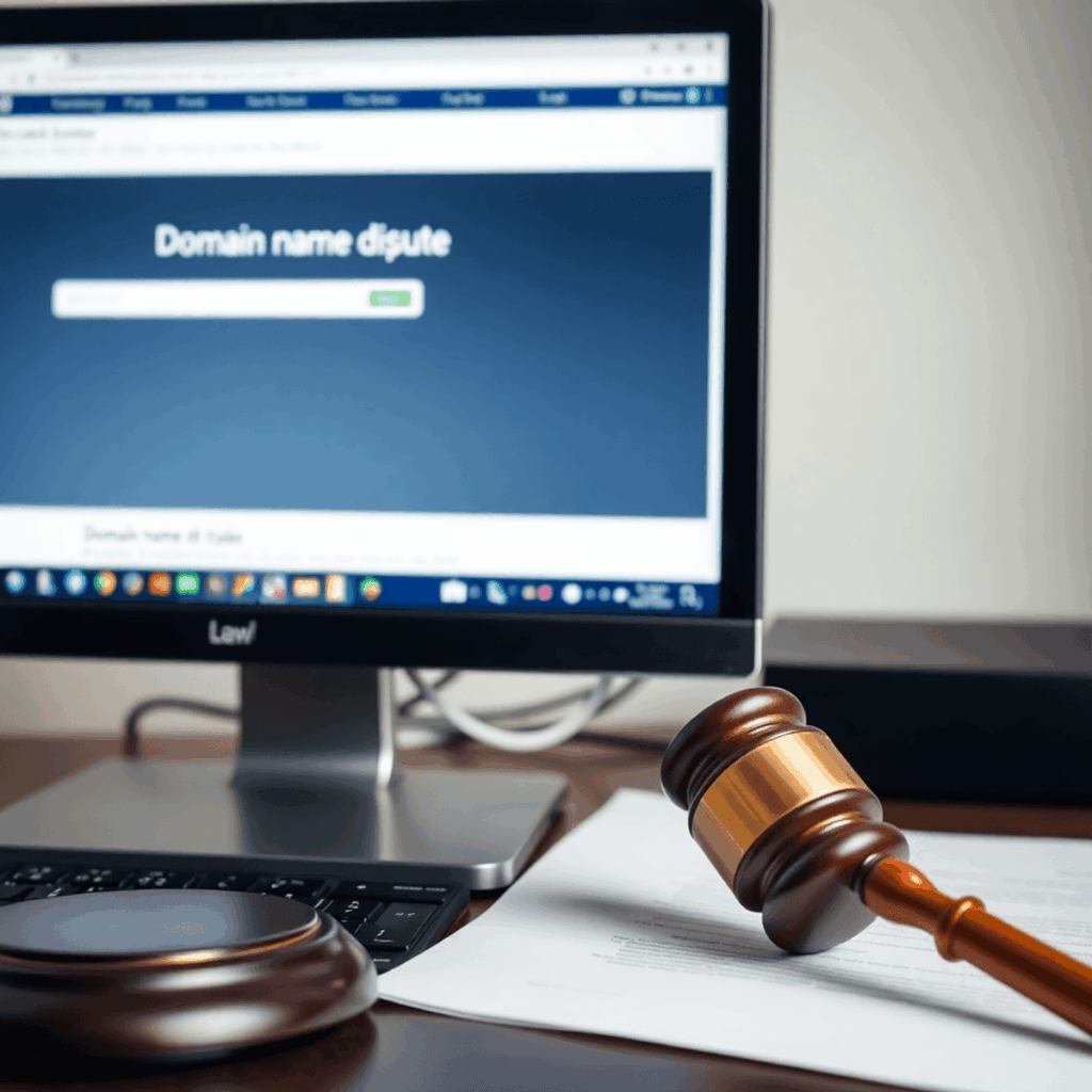 Nærbillede af en computerskærm, der viser en side om tvist om domænenavn, med en hammer og juridiske dokumenter ved siden af tastaturet, som symbol...